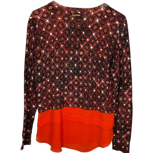 Michael Kors Geometric Print Layered Blouse Sweater Top M Red Orange Mix - Picture 3 of 9